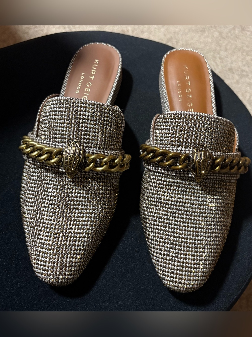 Kurt Geiger Gold Metallic Tweed Chain-Trim Mules
